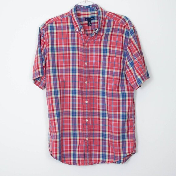 Gap Slim Fit Plaid Short Sleeve Button Front Shirt Mens Large - Picture 1 of 6